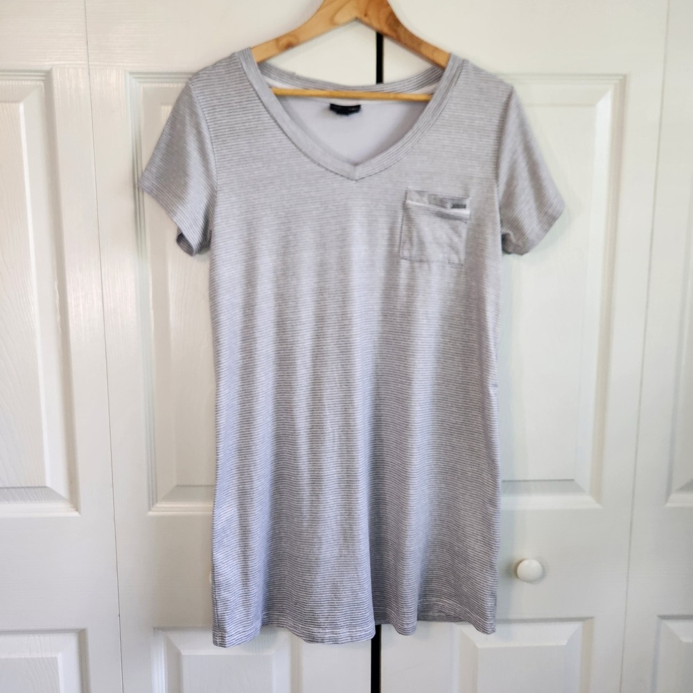 Tahari Womens Grey White Striped V-Neck Short Sleeve Pocket T-Shirt Dress Small